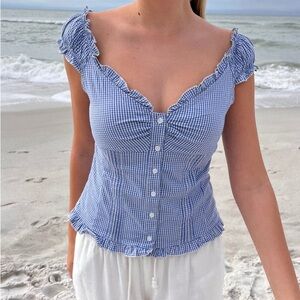 Brandy Melville Blue Checkered Ruffle Blouse